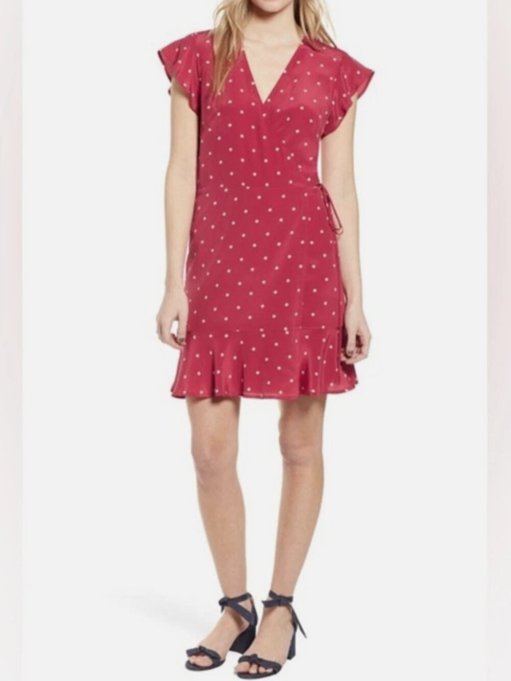 Rails Leanne Polka Dot Silk Wrap Dress In Raspberry Cream Dots size Small